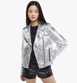 Bikerjacke In Metallic-Lammleder Fur Damen