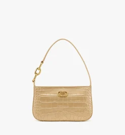 Mode Travia Schultertasche Aus Goldenem Leder Mit Kroko-Pragung