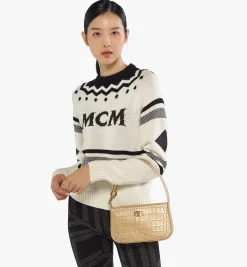 Mode Travia Schultertasche Aus Goldenem Leder Mit Kroko-Pragung