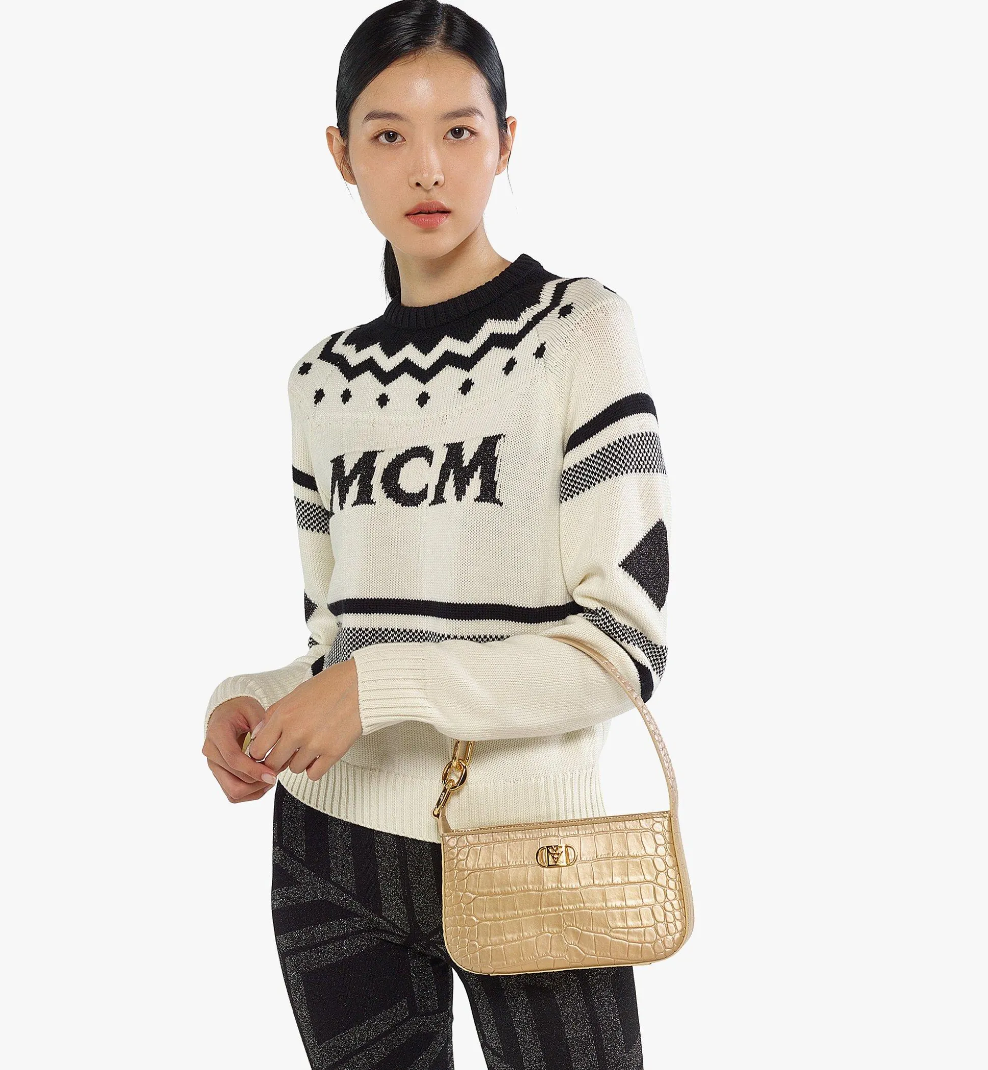 Mode Travia Schultertasche Aus Goldenem Leder Mit Kroko-Pragung