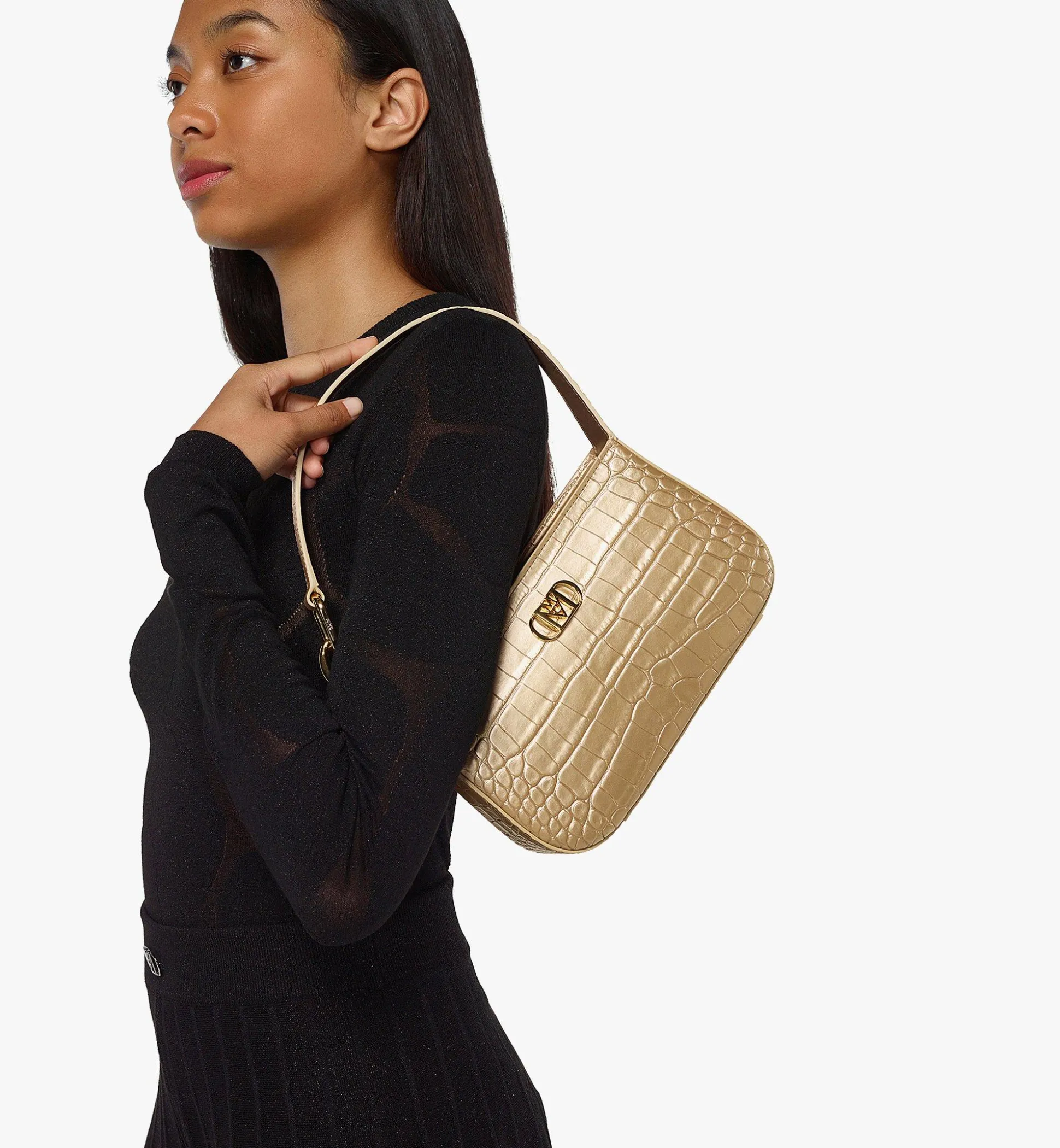 Mode Travia Schultertasche Aus Goldenem Leder Mit Kroko-Pragung