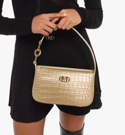 Mode Travia Schultertasche Aus Goldenem Leder Mit Kroko-Pragung