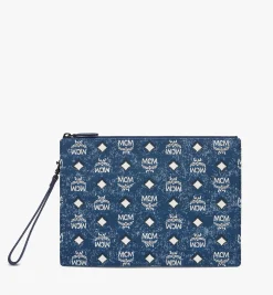 Pouch Mit Handgelenksband Und Reissverschluss In Vintage Denim Jacquard