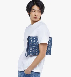 Pouch Mit Handgelenksband Und Reissverschluss In Vintage Denim Jacquard